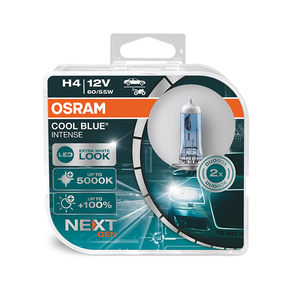 Osram Cool Blue Intense H4 headlight bulbs with a Xenon look (2 bulbs)