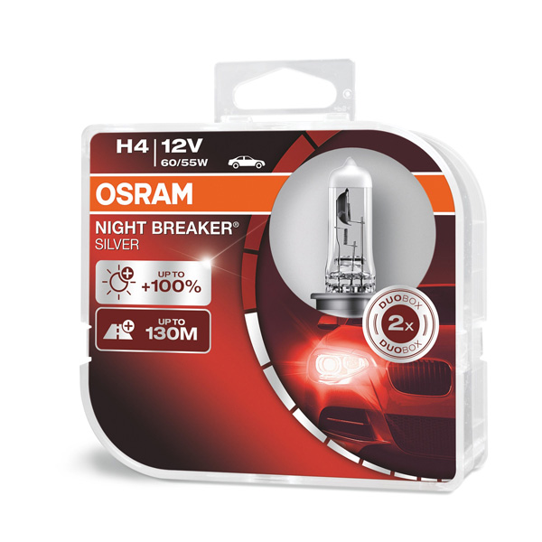 Osram Night Breaker Silver H4 headlight bulbs +100% more brightness (2 bulbs)