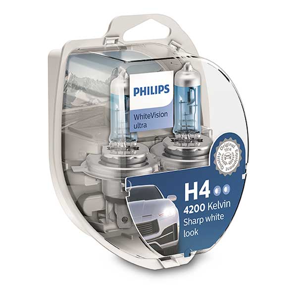 Philips 12V H4 White Vision Ultra +60% Brighter Upgrade - twin pack