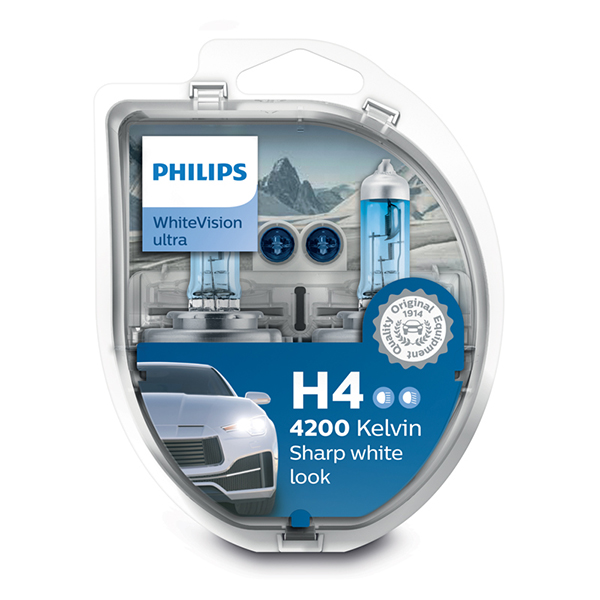 Philips White Vision Ultra +60% Brighter 12V H4 Upgrade Twin Pack