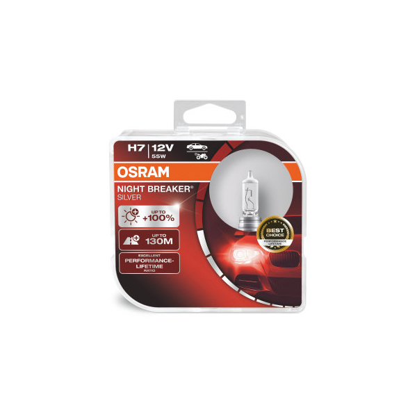 Osram Night Breaker Silver H7 +100% More Brightness Headlight Bulbs Twin Pack