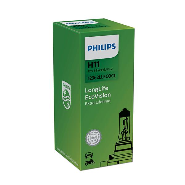 Philips Long Life EcoVision H11 711 12V 55W Right Angled Bulb - Single Boxed