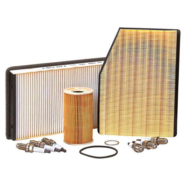 OE Quality contains, oil, air, carbon filters, spark plugs x6, and sump washer