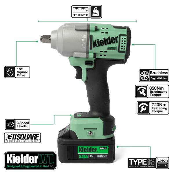 Kielder 1/2" 18v L-Ion TYPE18 Brushless Mid Torque Impact Wrench, 1 x 5.0Ah & Ch