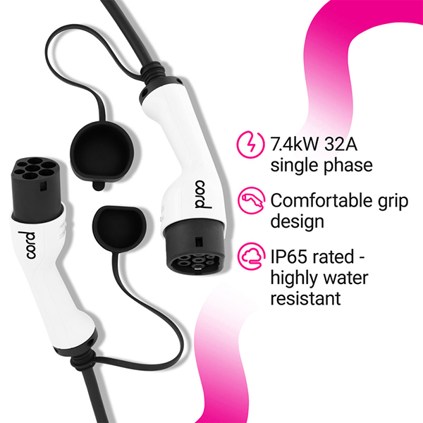 CORD Type 2 to Type 2 EV Charging Cable, 32amp, 7.4kW, 10 Metre, Single Phase