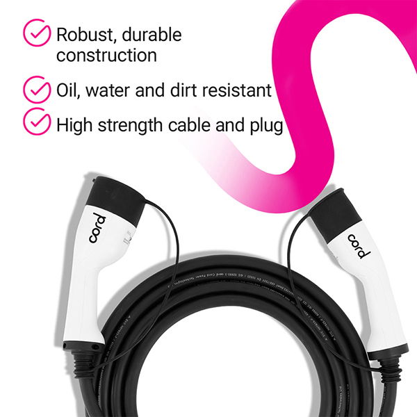CORD Type 2 to Type 2 EV Charging Cable, 32amp, 22kW, 5 Metre, Three Phase
