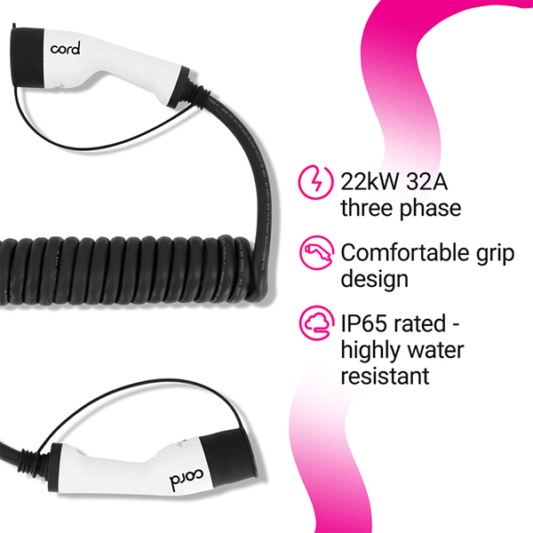 CORD Type 2 to Type 2 EV Coiled Charging Cable, 32amp, 22kW, 5 Metre, Three Phase