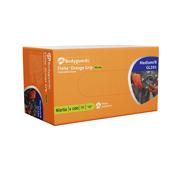 Bodyguard Medium - Orange Nitrile powder free grip gloves box of 100
