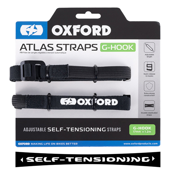 Oxford Atlas G-Hook 17mm x 1.2M Self Tensioning Straps Black (Pair)