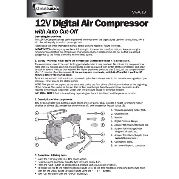 Streetwize 150PSI 12V Mistral Metal Digital Air Compressor With Auto Shut-Off