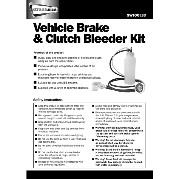 Streetwize Vehicle Clutch & Brake Bleeder Tool Kit