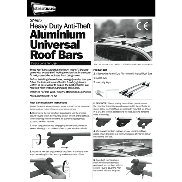 Streetwize 120cm Heavy Duty Universal Aluminium Roof Bars (For Roof Rails)