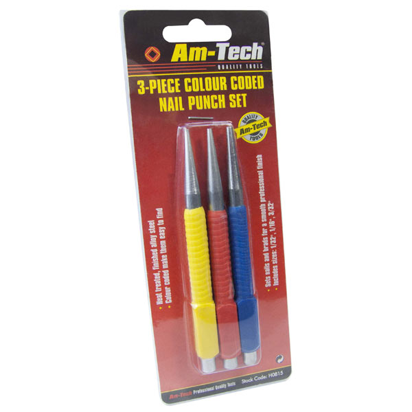 Am-Tech PROFESSIONAL 3PC COLOUR CODED NAIL PUNCH SET 1/32 1/16 3/32"