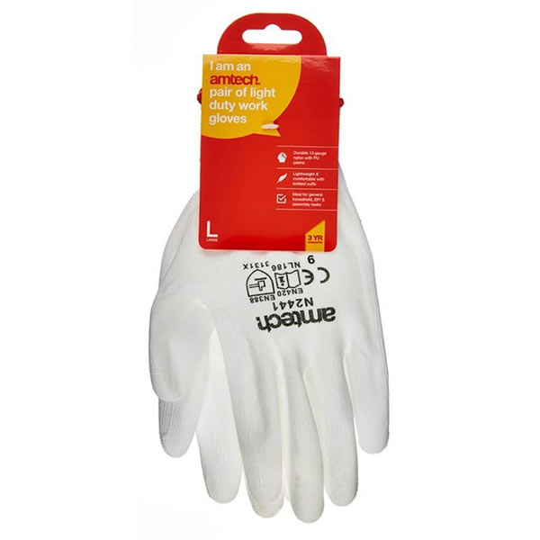 amtech Light Duty PU Coated Work Gloves White Large Size 9