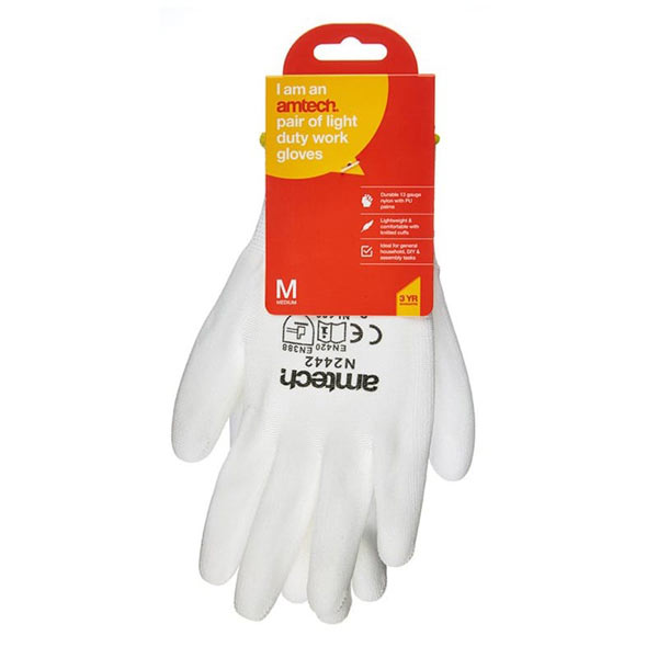 amtech Light Duty PU Coated Work Gloves White Medium Size 8