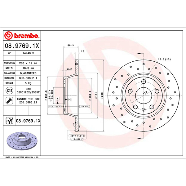 Brembo BREMBO XTRA DRILLED DISC AUDI 286MM  SOLID