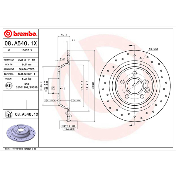 Brembo BREMBO XTRA DRILLED DISC FORD 302MM  SOLID