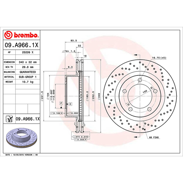 Brembo BREMBO XTRA DRILLED DISC LEXUS 340MM  VENTED