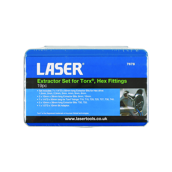 Laser 7678 Extractor Set for Torx® Hex Fittings 19pc