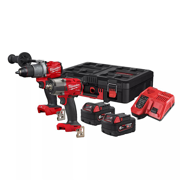 Milwaukee M18 FUEL Combi Drill & Mid Torque Impact Wrench 1/2 (2 x 6.0Ah, Fast Charger, Pa