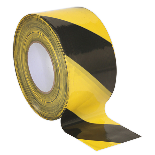 Sealey BTBY Hazard Warning Barrier Tape 80mm x 100mtr Black/Yellow Non-Adhesive