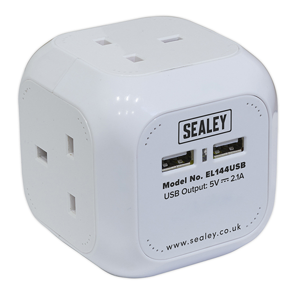 Sealey EL144USB Extension Cable Cube 1.4m 4 x 230V with USB port