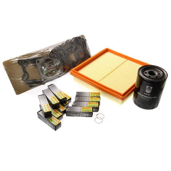 OE Quality contains, oil, air, carbon filters, spark plugs x12, and sump washer x2